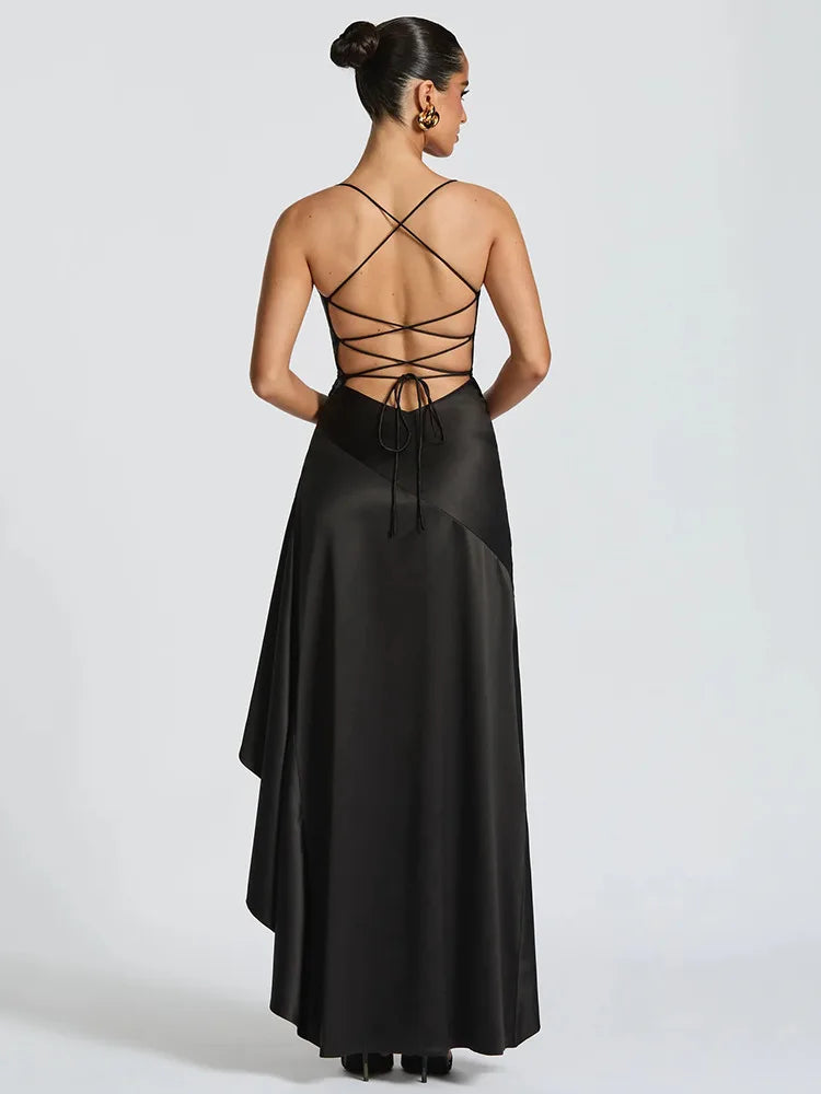 Women’s Satin Spaghetti Strap Maxi Dress – Elegant Split Backless Evening & Party Dress