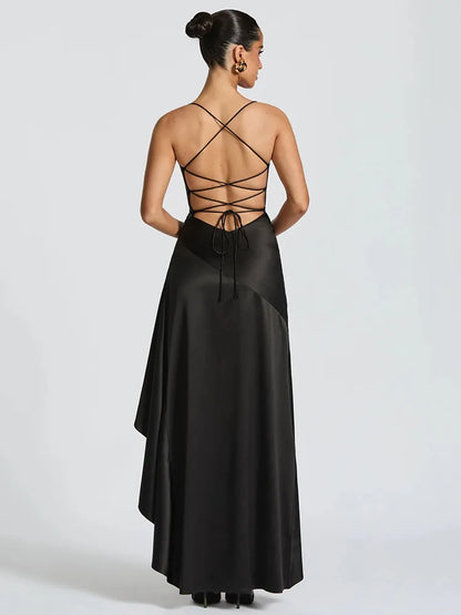 Women’s Satin Spaghetti Strap Maxi Dress – Elegant Split Backless Evening & Party Dress