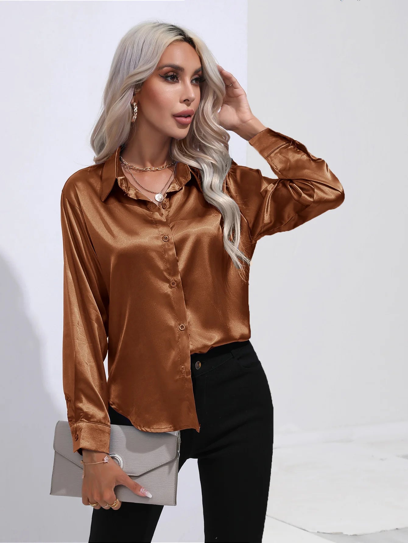 Women’s Satin Imitation Silk Shirt | Long Sleeve Lapel Office Top | Elegant Solid Blouse