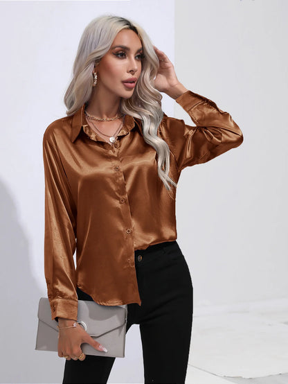 Women’s Satin Imitation Silk Shirt | Long Sleeve Lapel Office Top | Elegant Solid Blouse