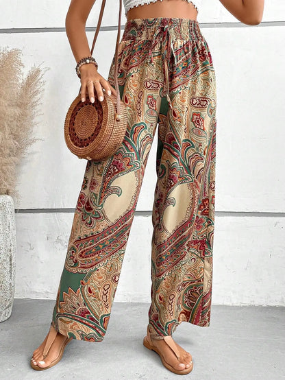 Women’s Summer Printed Pants Bottom – Elastic Waist Wide Leg Straight Trousers, Versatile & Breathable Streetwear