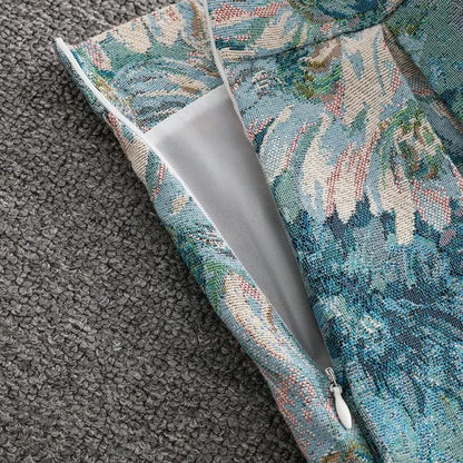 Women’s Sky Blue Floral Painting Skirt Bottom – High Waist A-Line Ball Gown Knee-Length Skirt