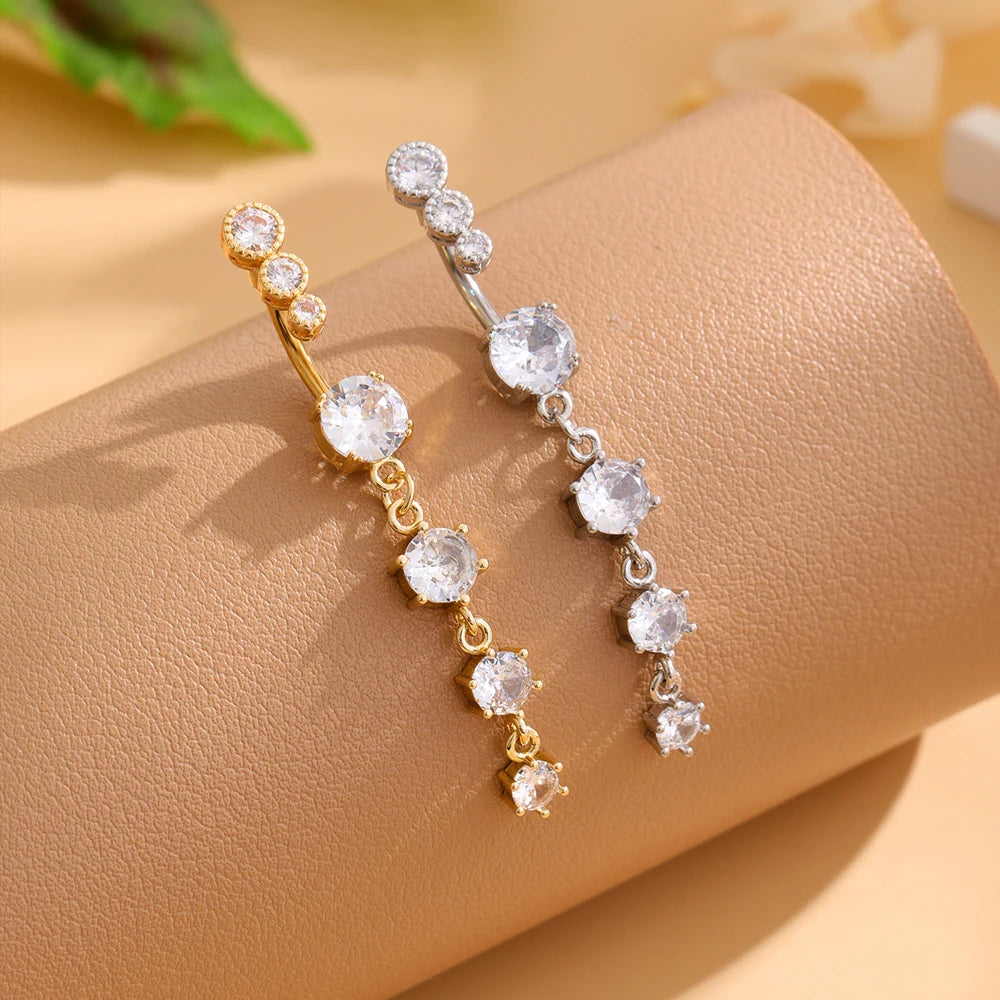 Women’s Gold Stainless Steel Belly Button – Long Dangle Flower CZ Crystal Navel Piercing Jewelry