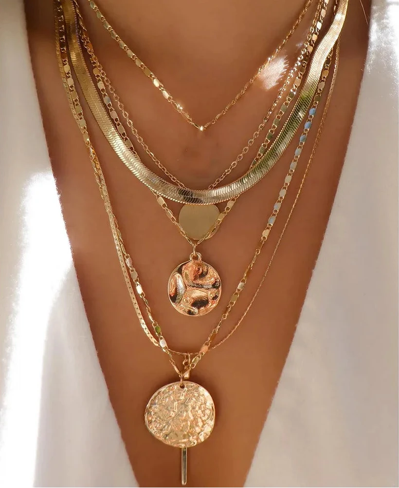 Women’s Jewelry Layered Disc Pendant Necklace | Vintage | Gold Tone | Trendy
