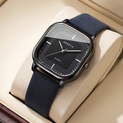 Men’s Square Dial Luxury Watch – Minimalist Leather Strap Business Casual Wristwatch
