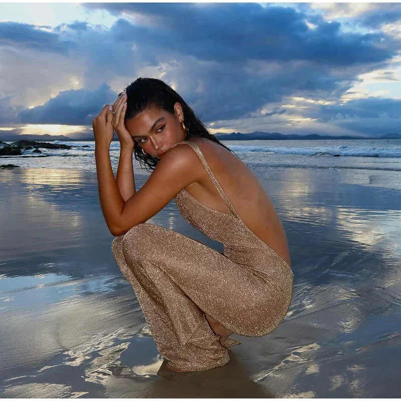 Women’s Backless Maxi Dress – Glitter Sleeveless Split Long Summer Beach Dress