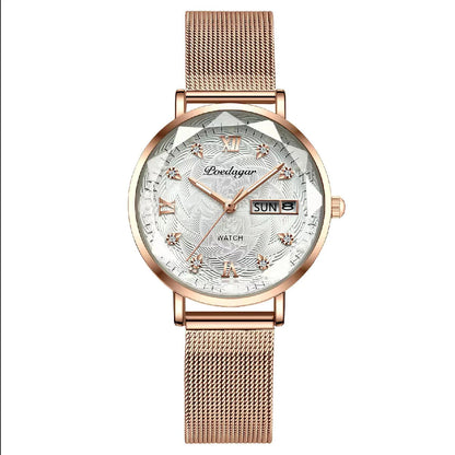 Women’s Luxury Stainless Steel Watch | Waterproof Luminous Quartz Wristwatch with Date & Week Display