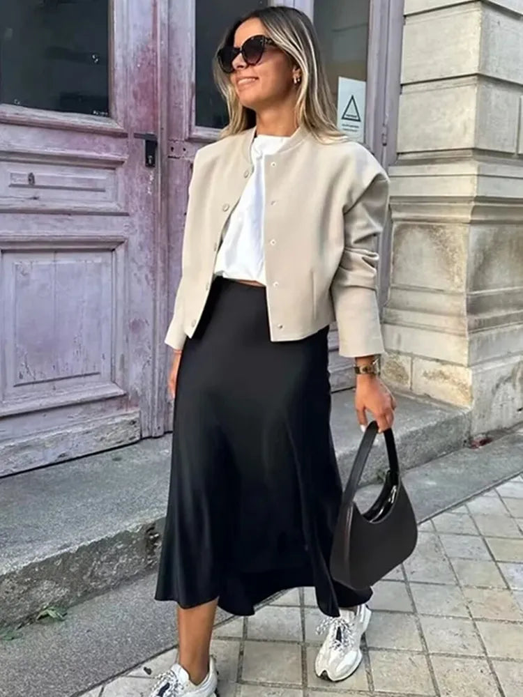 Women’s Satin Long Skirt Bottom – Draped High Waist Straight Maxi Skirt for Summer Beach & Holiday Looks