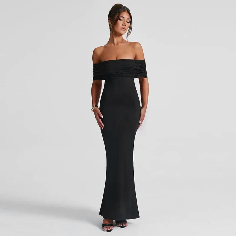 Women’s Off-Shoulder Backless Dress – Elegant Pleated High Slit Evening Party Dress