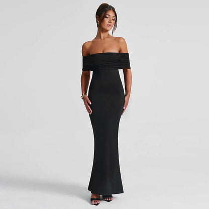 Women’s Off-Shoulder Backless Dress – Elegant Pleated High Slit Evening Party Dress
