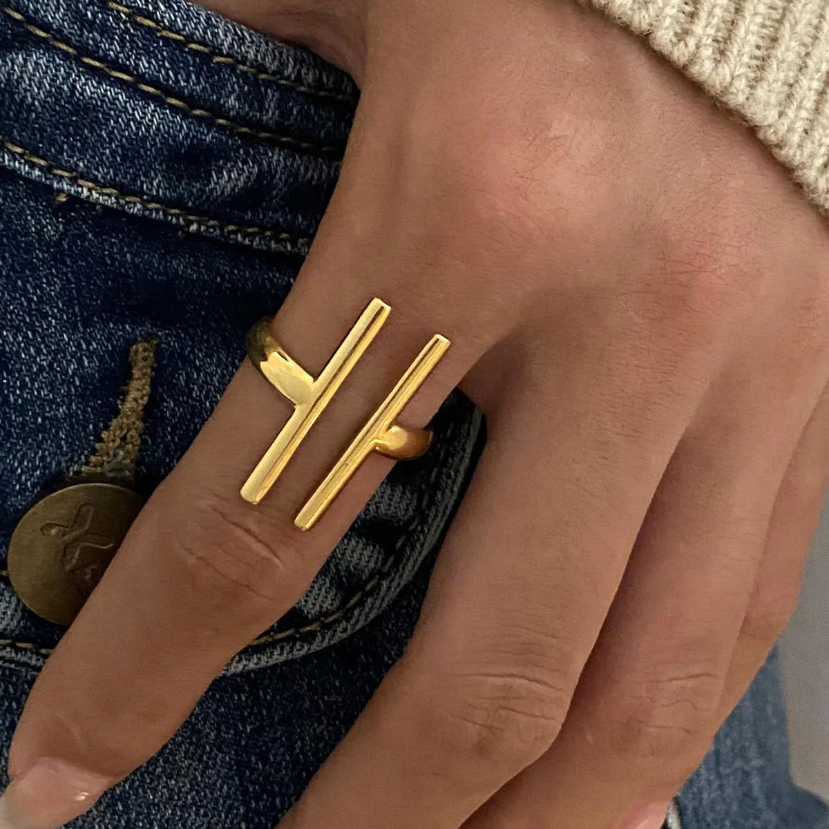 Women’s Vintage 18K Gold Plated Double Line Open Ring – Stainless Steel Anti-Allergic Jewelry