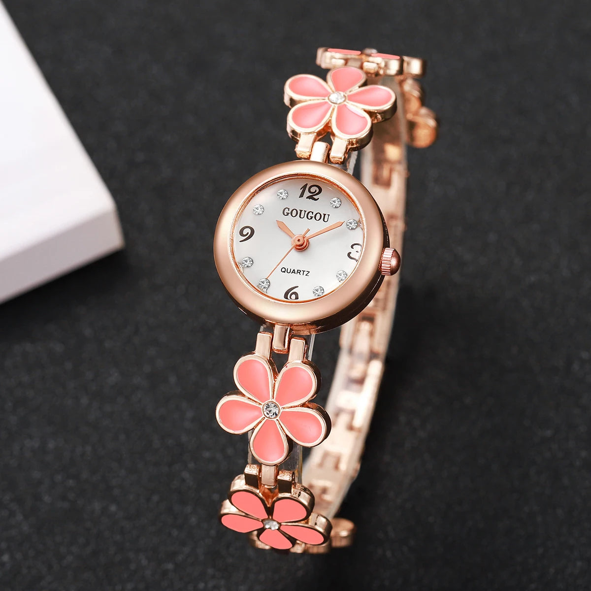 Women’s Flower Strap Quartz Watch | Arabic Numerals | Diamond Look | Elegant