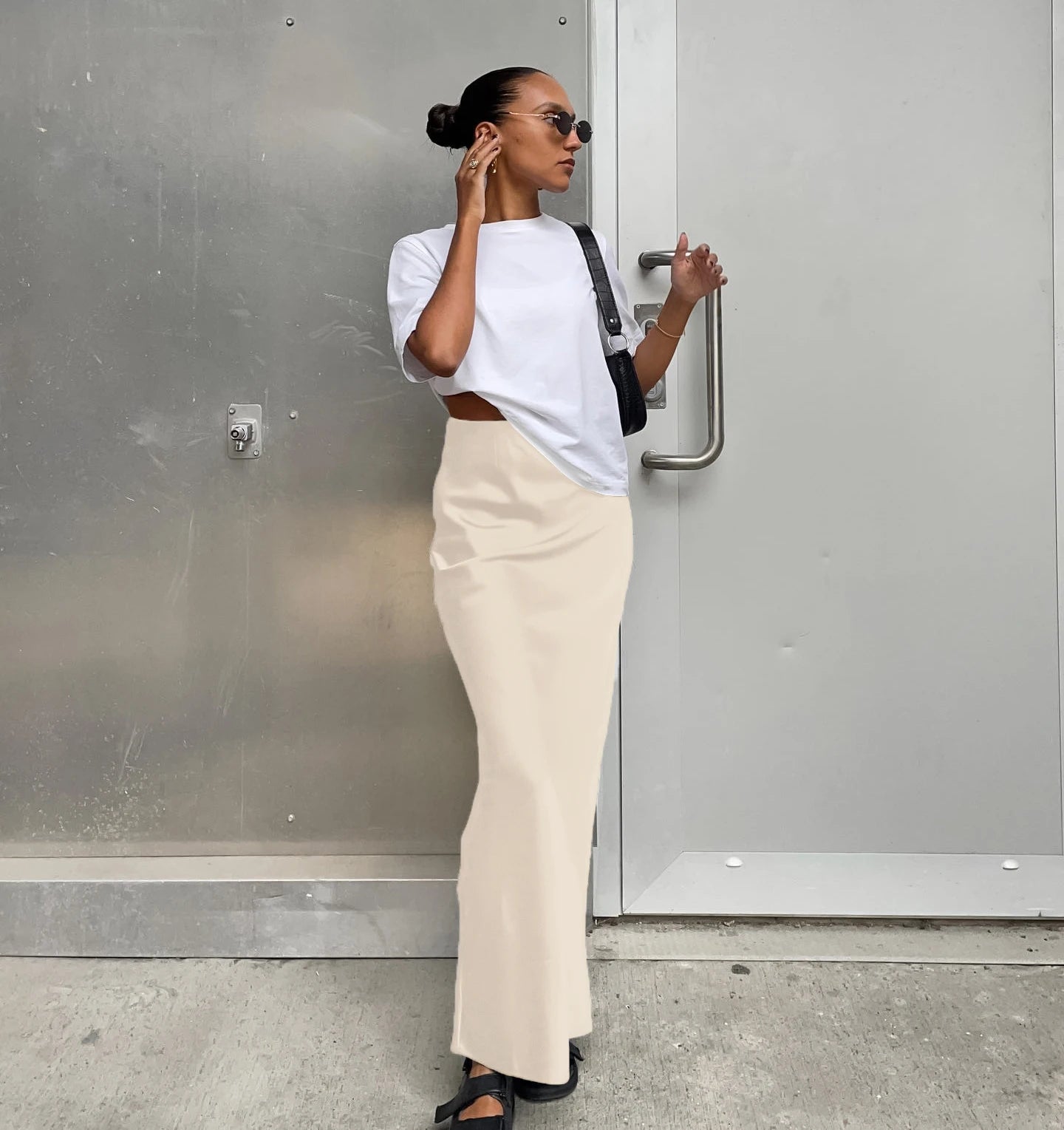 Women’s Satin High Waist Midi Skirt Bottom – Elegant Chic High Street Style