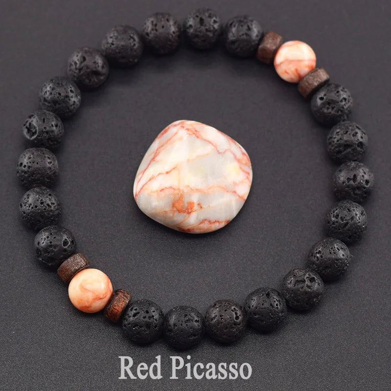Men’s Tiger Eye & Lava Stone Bead Bracelet – Tibetan Buddha Elastic Wristband Jewelry