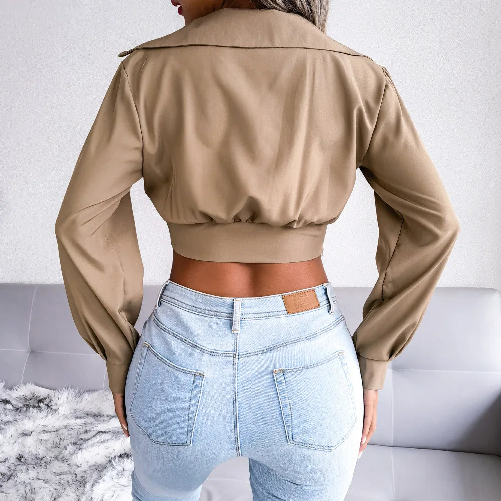 Women’s Sexy Long Sleeve Notched Crop Top | Khaki Slim Fit Short Top | Spring Autumn Casual Streetwear Tee