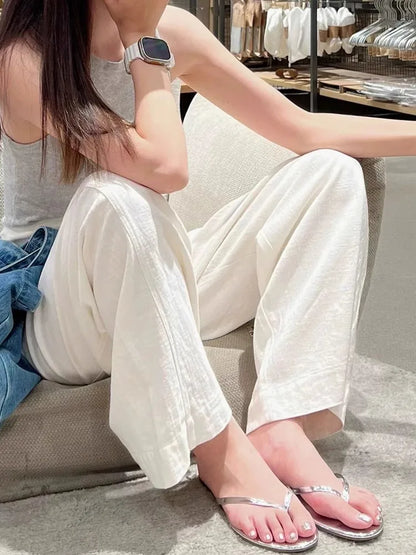 Women’s White Cotton Linen Wide Leg Pants Bottom – High Waist Casual