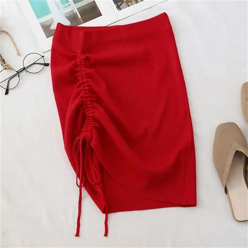 Women’s High Waist Knitted Mini Skirt – Stretch Side Drawstring Slim Fit Clubwear Bottom
