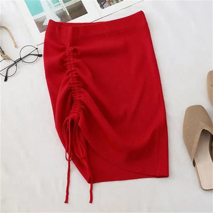 Women’s High Waist Knitted Mini Skirt – Stretch Side Drawstring Slim Fit Clubwear Bottom