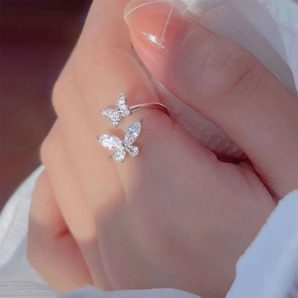 Women’s Adjustable Butterfly Ring – Silver Acrylic Crystal Zircon Kpop Jewelry
