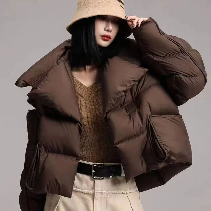 Women’s Down Jacket Outerwear – Knitted Patchwork Lapel Puffer Jacket