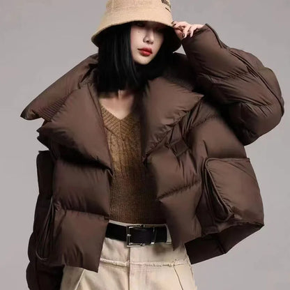 Women’s Down Jacket Outerwear – Knitted Patchwork Lapel Puffer Jacket