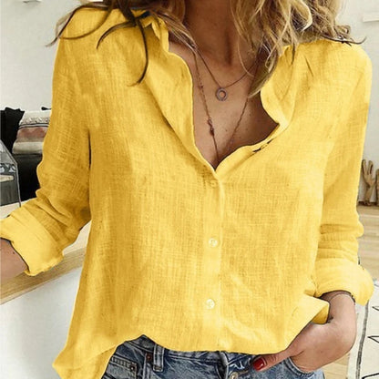 Women’s Korean Fashion Cotton Linen Shirt – Blue & Pink V-Neck Long Sleeve Summer Blouse