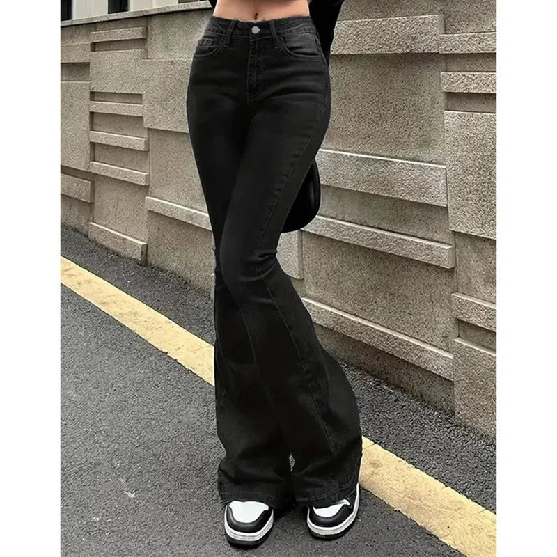 Women’s High Waist Flared Denim Bottom – Stretchy Bootcut Jeans with Bell Hem, Solid Color Casual Trousers