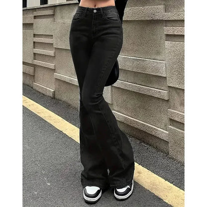 Women’s High Waist Flared Denim Bottom – Stretchy Bootcut Jeans with Bell Hem, Solid Color Casual Trousers