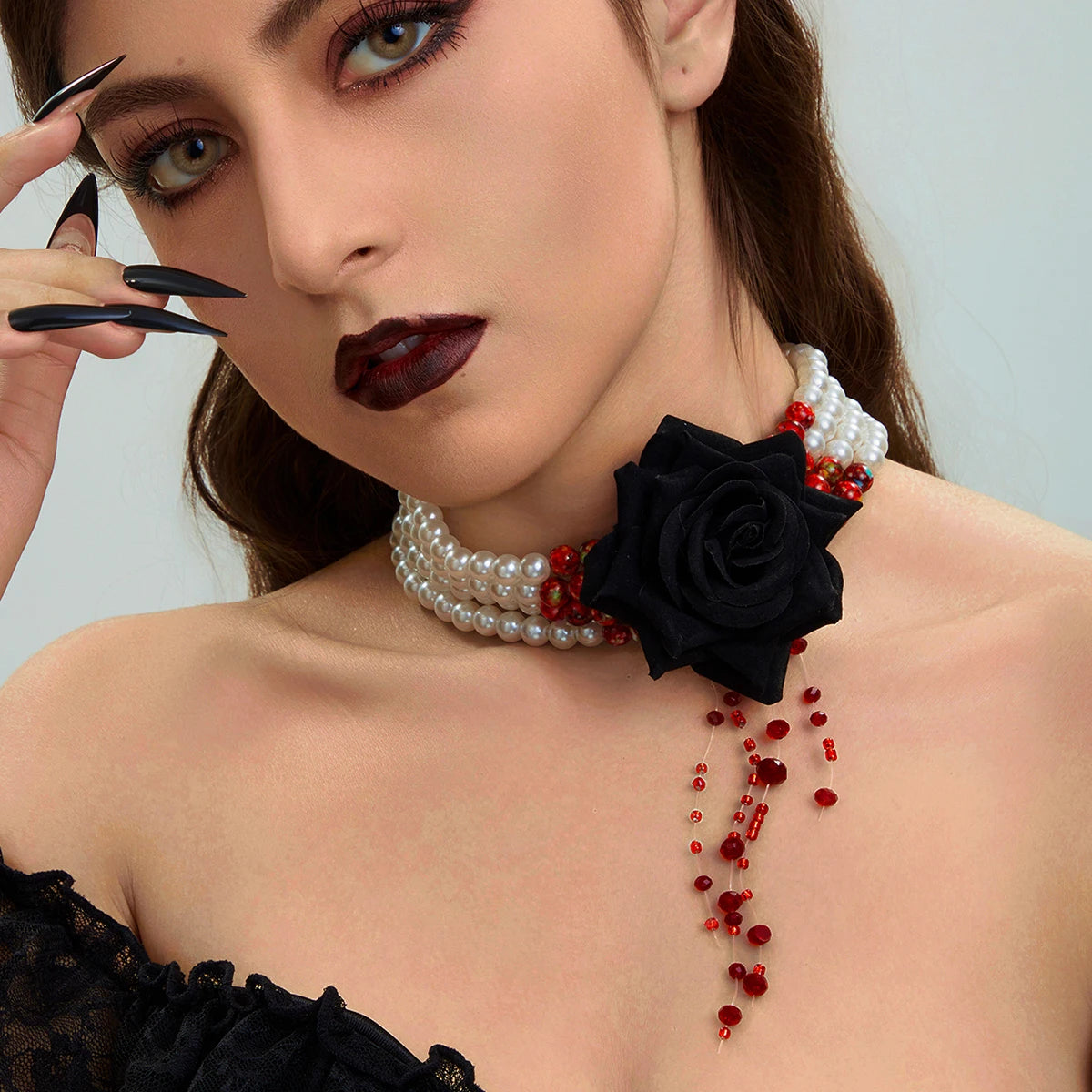 Women’s Jewelry Pearl Rose Choker Necklace | Goth | Red Crystal | Halloween