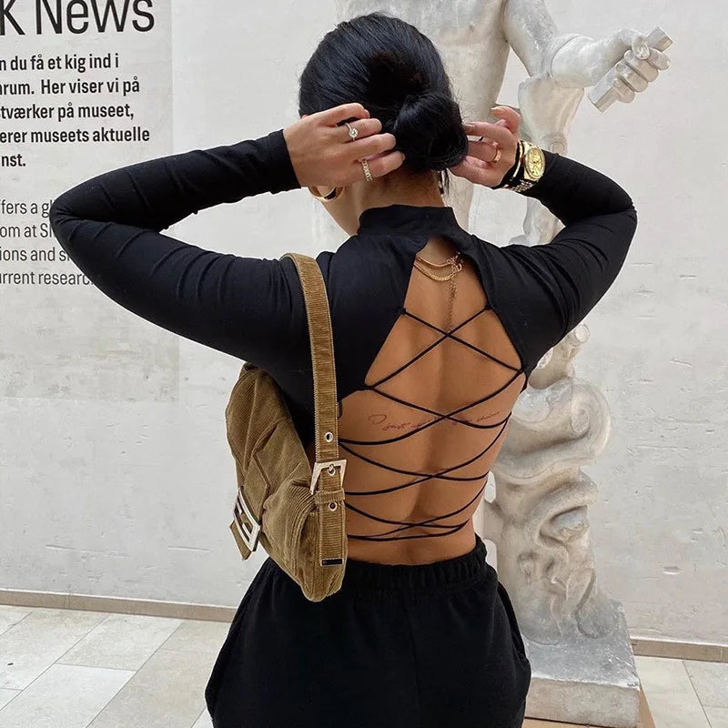Women’s Knitted Hollow Out Sexy Top | Bandage Backless Long Sleeve Streetwear Tee