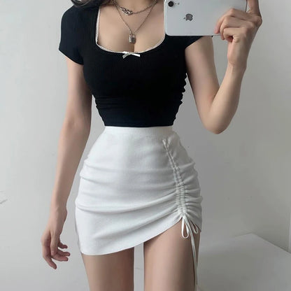 Women’s High Waist Knitted Mini Skirt – Stretch Side Drawstring Slim Fit Clubwear Bottom