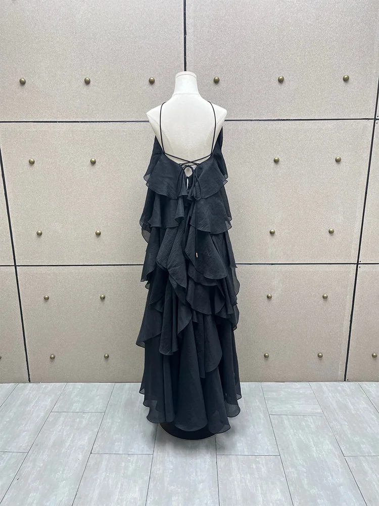 Women’s Floral Pleated Backless Maxi Dress – Beach Style Camisole Elegant Dress