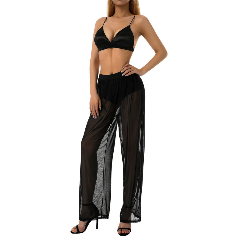 Women’s Cover-Up Pants Bottom – Sheer See-Through Bikini Swimsuit Cover-Up with Elastic Waist and Wide Leg Palazzo Style