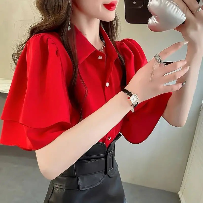 Women’s French Loose Chiffon Top | Summer Solid Color Sleeve Elegant Shirt | Casual Lightweight Fashion Shirt