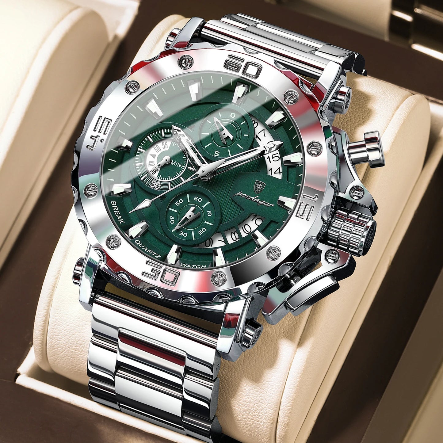Men’s Luxury Stainless Steel Chronograph Watch – Waterproof Wristwatch with Calendar & Luminous Dial