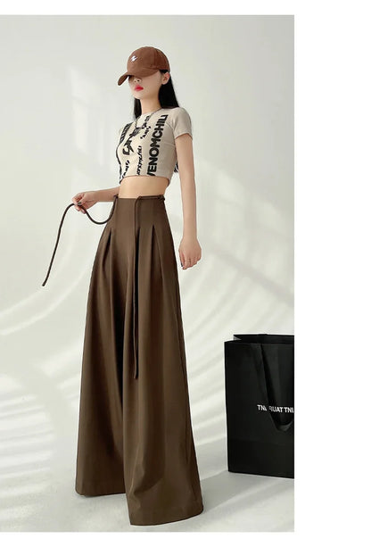 Women’s Streetwear Wide Leg Pants Bottom – Korean High Waist Lace-Up Suit Trousers, Elegant Black Summer Fashion