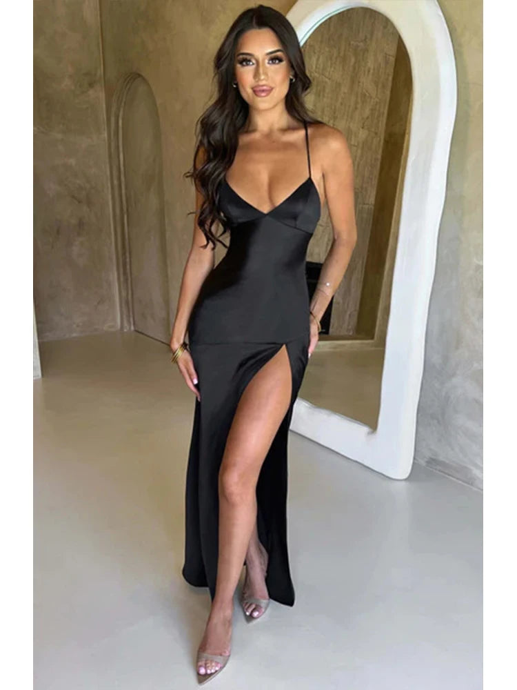 Women’s Satin Spaghetti Strap Dress – Elegant Backless Lace-Up Split Hem Long Party Maxi Dress