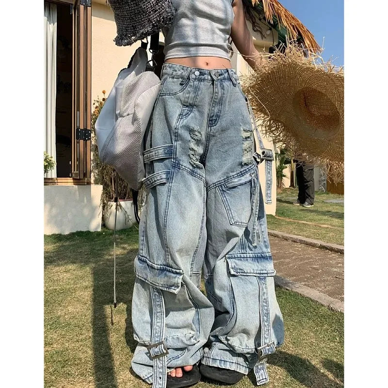 Women’s Baggy Jeans Bottom – Y2K Streetwear Wide-Leg Denim Pants with Tooling Pockets Hip Hop Oversized Style