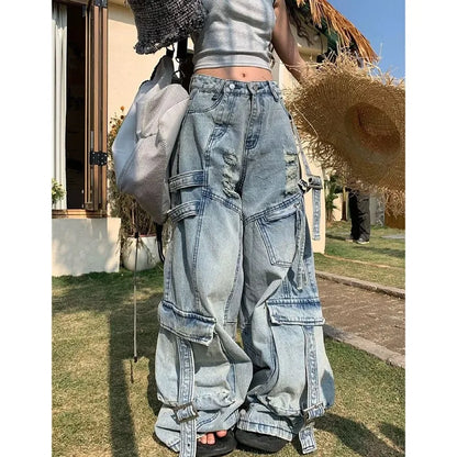 Women’s Baggy Jeans Bottom – Y2K Streetwear Wide-Leg Denim Pants with Tooling Pockets Hip Hop Oversized Style