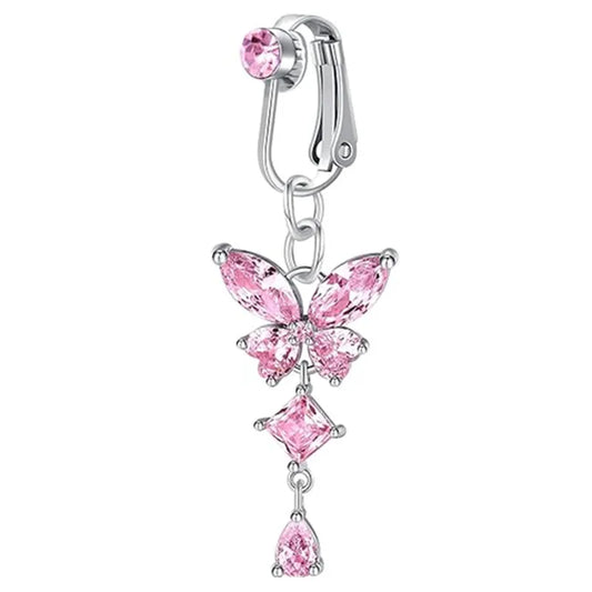 Women’s Clip-On Belly Button – Butterfly Zircon Pink Fake Navel Piercing Jewelry