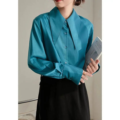 Women’s Career Loose Shirt Top | Pointed Collar Solid Long Sleeve French Office Blouse
