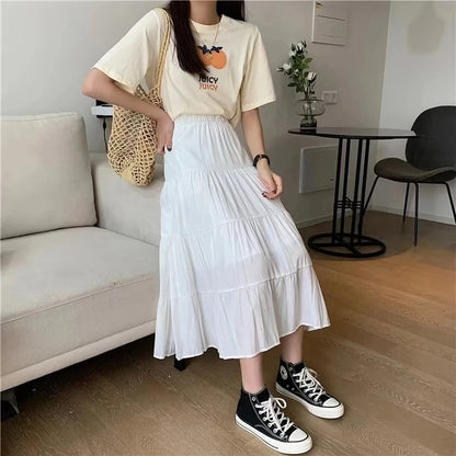 Women’s Vintage Patchwork Long Skirt Bottom – High Waist Elastic A-Line Cake Skirt White Black Chic