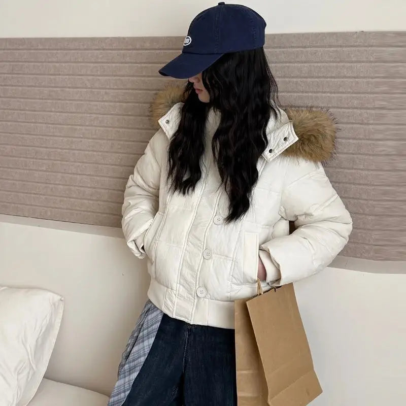 Women’s Short Hooded Outerwear – Warm Fur Collar Puffer Jacket