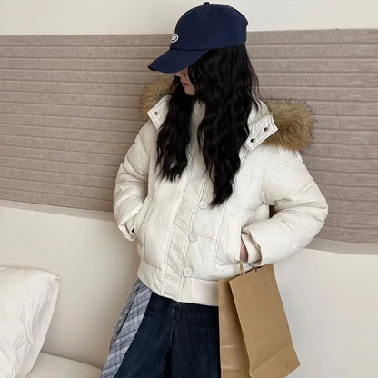 Women’s Short Hooded Outerwear – Warm Fur Collar Puffer Jacket