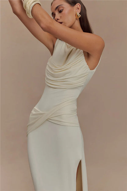 Women’s Backless Ruched Maxi Dress – Elegant Sleeveless High Split Summer Evening Gown
