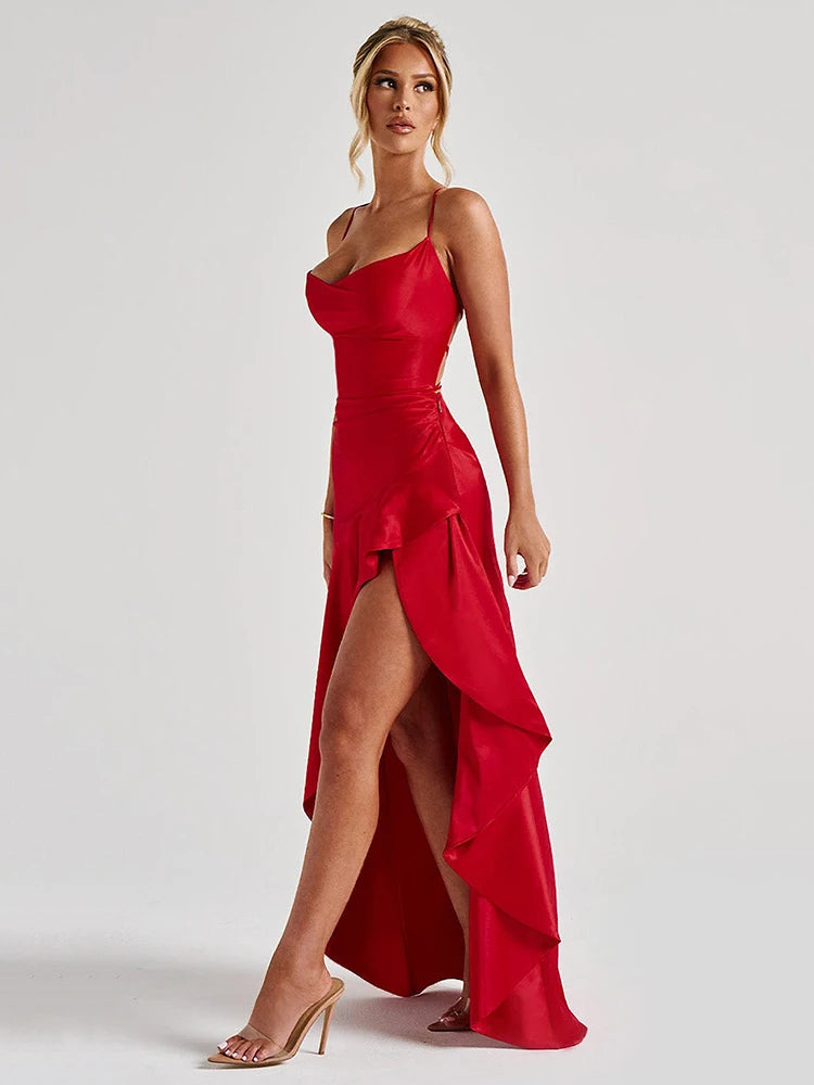 Women’s Satin Spaghetti Strap Maxi Dress – Elegant Split Backless Evening & Party Dress