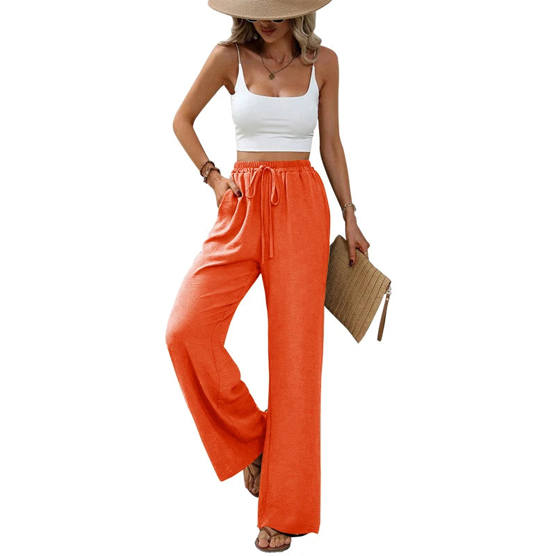 Women’s High-Waist Wide-Leg Pants – Elastic Waist Straight Trousers with Tie Front & Pockets