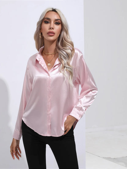 Women’s Satin Imitation Silk Shirt | Long Sleeve Lapel Office Top | Elegant Solid Blouse