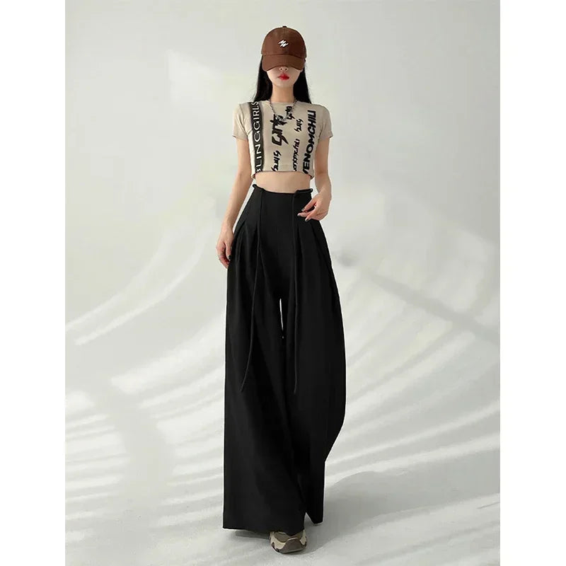 Women’s Streetwear Wide Leg Pants Bottom – Korean High Waist Lace-Up Suit Trousers, Elegant Black Summer Fashion