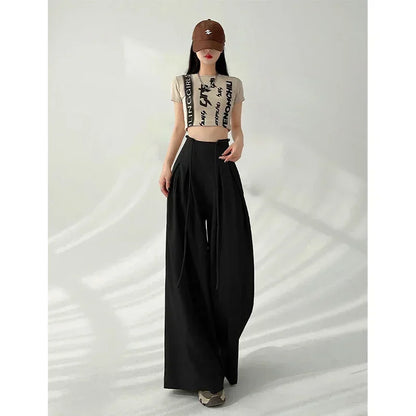 Women’s Streetwear Wide Leg Pants Bottom – Korean High Waist Lace-Up Suit Trousers, Elegant Black Summer Fashion